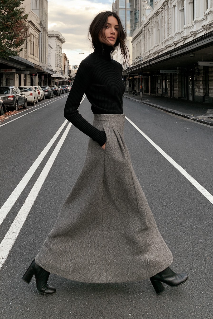 Woman crossing a street in a long grey wool maxi skirt, fitted black turtleneck and black block heel ankle boots
