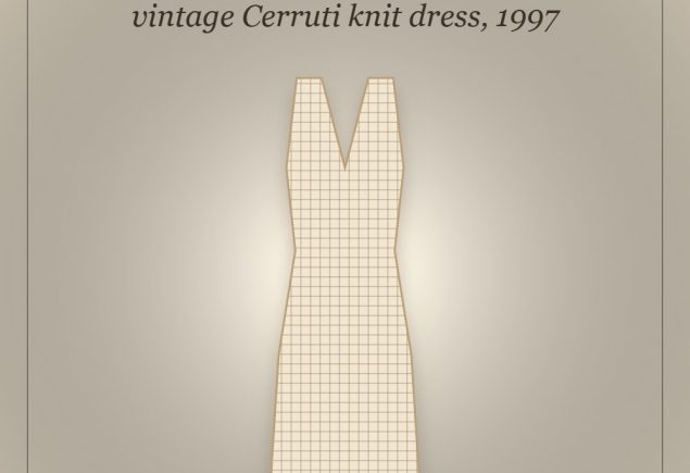 Illustrated graphic of Hailey Bieber’s vintage Cerruti cream knit dress with pale gold sandals