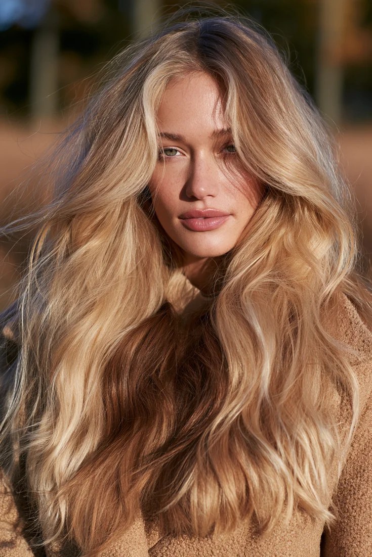 Reverse balayage with darker lowlights on blonde hair