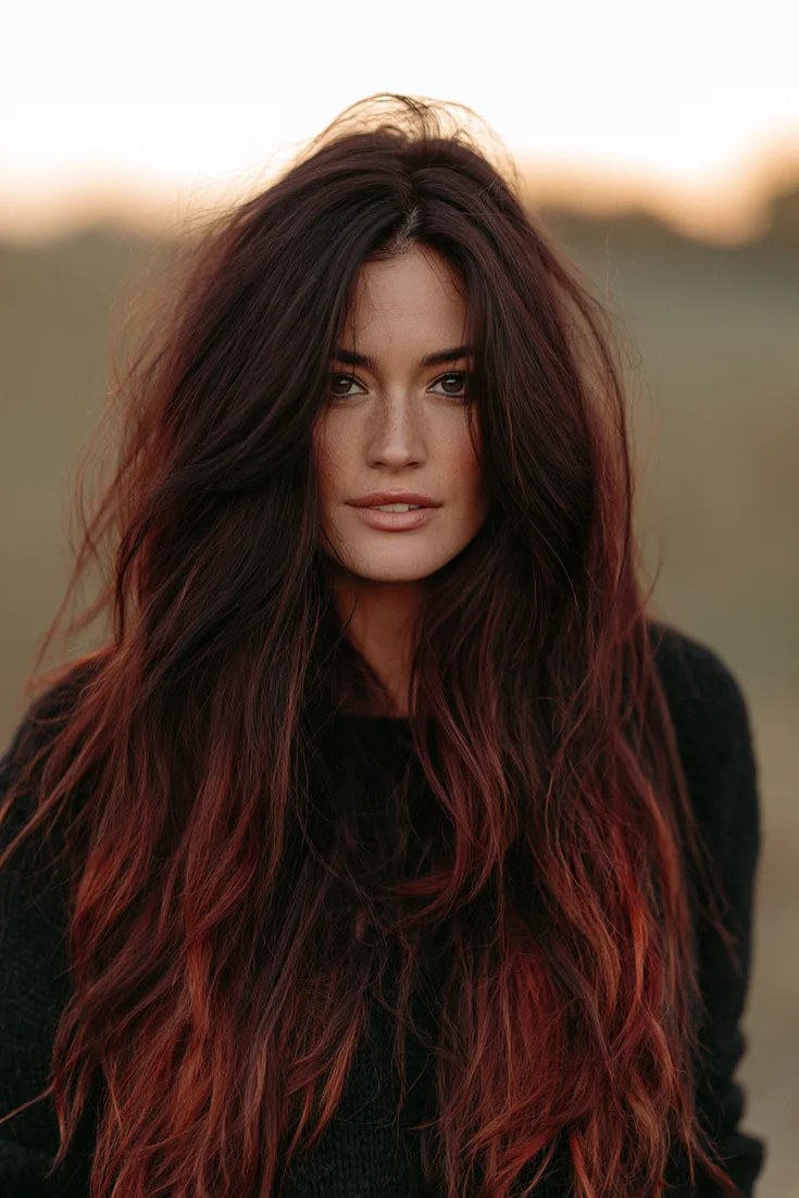 Burgundy and copper balayage on long hair