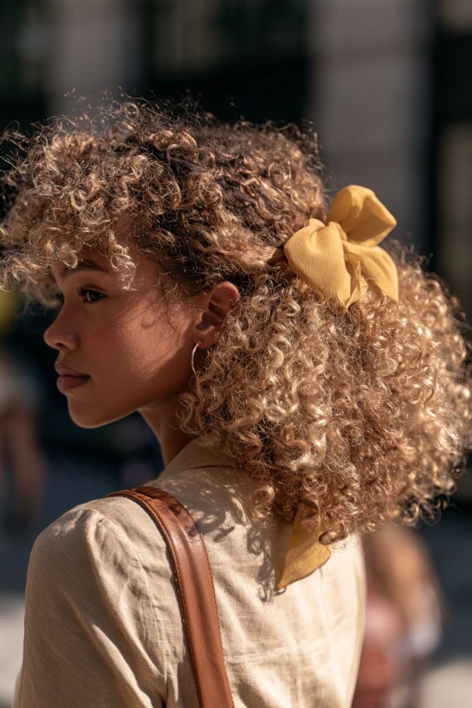 Woman with voluminous curly hair and a small yellow fabric bow in a cream top with a brown bag strap on her shoulder