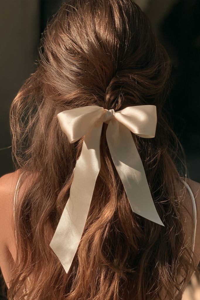 Woman seen from behind with long wavy brown hair half up and tied with a cream satin bow