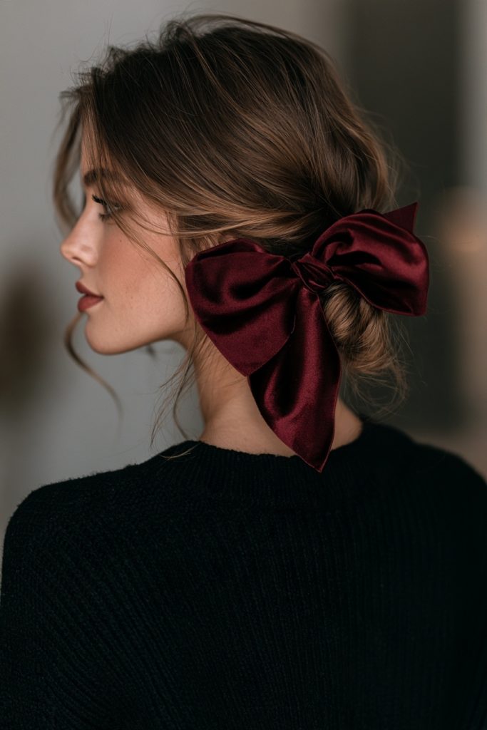 Woman in profile with a low messy brown bun and a burgundy satin bow wearing a black sweater