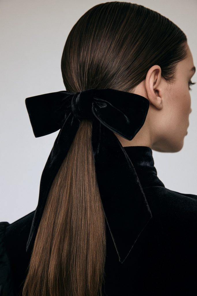 Woman in profile with a sleek low brown ponytail tied with a large black velvet bow wearing a black turtleneck