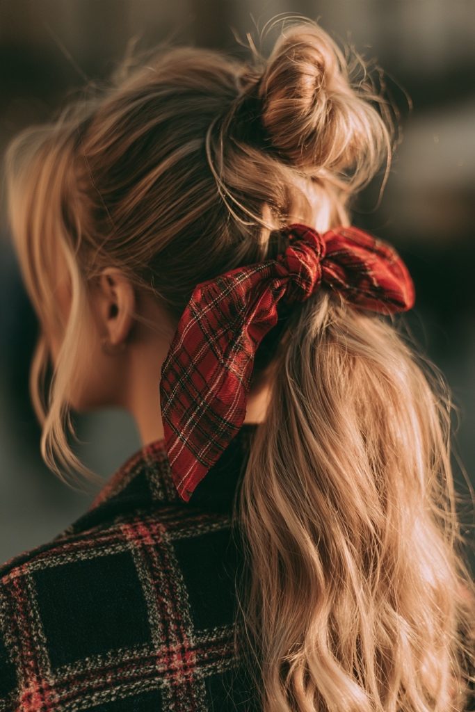 Woman with long wavy blonde hair in a ponytail tied with a red plaid bow wearing a plaid shirt