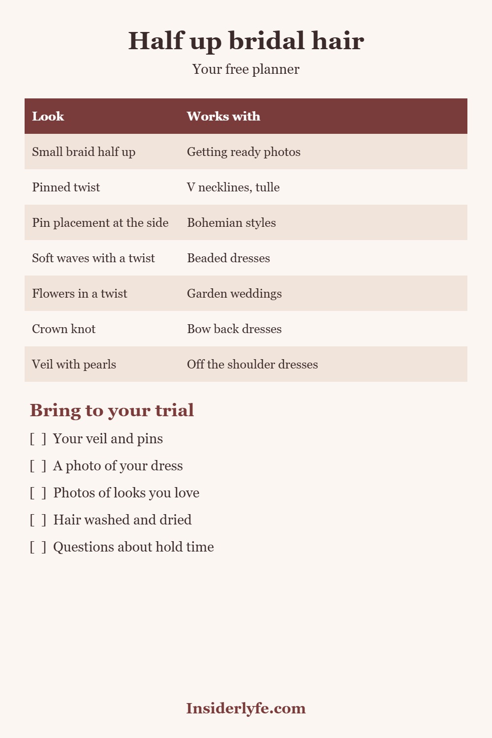 Free half up bridal hairstyle cheat sheet with seven looks, a wedding hair timeline and a checklist for your trial
