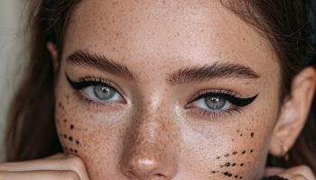 Woman with black cat Halloween makeup, whisker dots, winged liner and a black cat ear headband