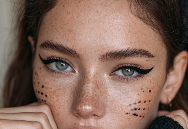 Woman with black cat Halloween makeup, whisker dots, winged liner and a black cat ear headband