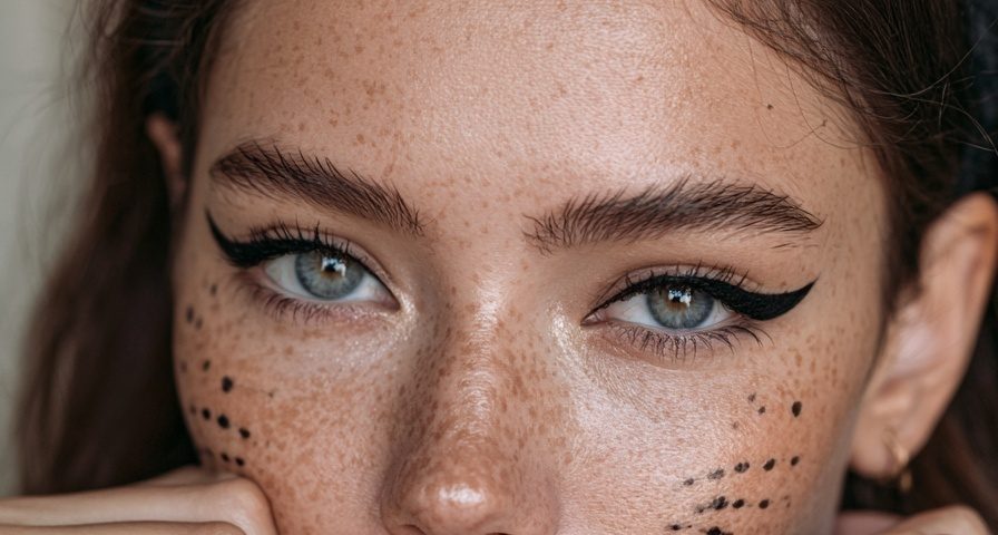 Woman with black cat Halloween makeup, whisker dots, winged liner and a black cat ear headband