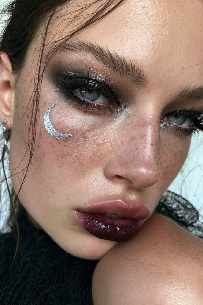 Woman with glam witch Halloween makeup, black smoky eyes, deep plum lips and a silver crescent moon on her cheek