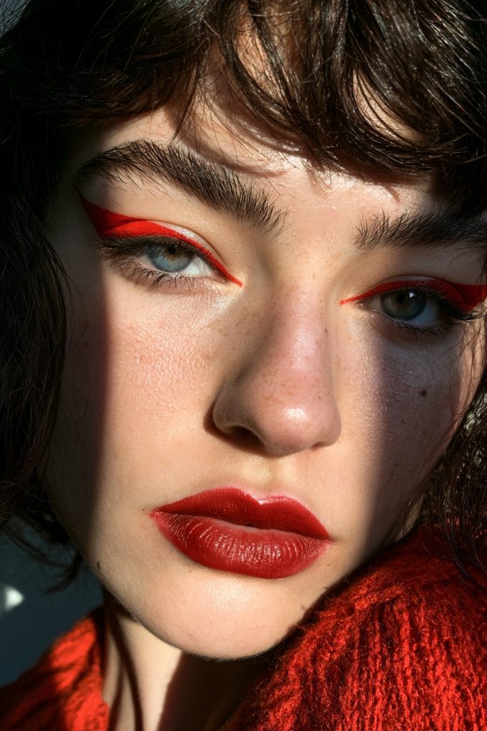 Woman with red devil inspired Halloween makeup, sharp red winged liner and a deep red lip