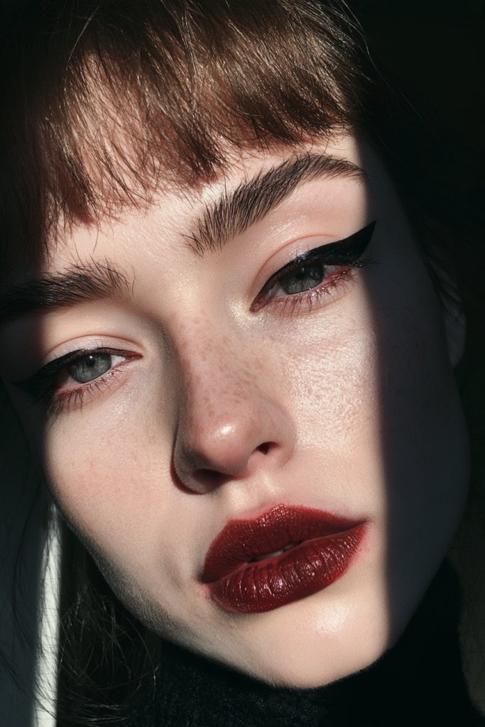 Woman with vampire inspired Halloween makeup, sharp winged liner, pale skin and a dark red lip