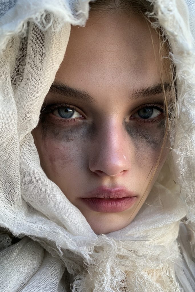 Woman with zombie bride Halloween makeup, pale skin and smudged dark circles under the eyes in a white veil