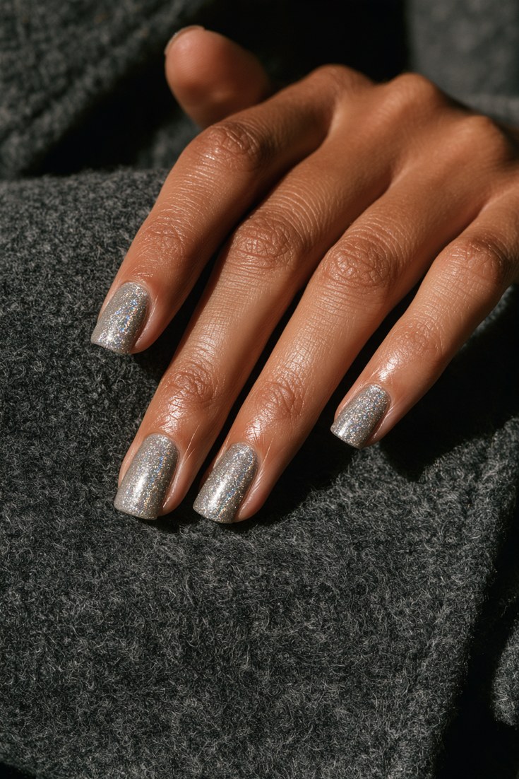 Silver holographic nails with rainbow flash on a hand resting on a dark grey wool coat