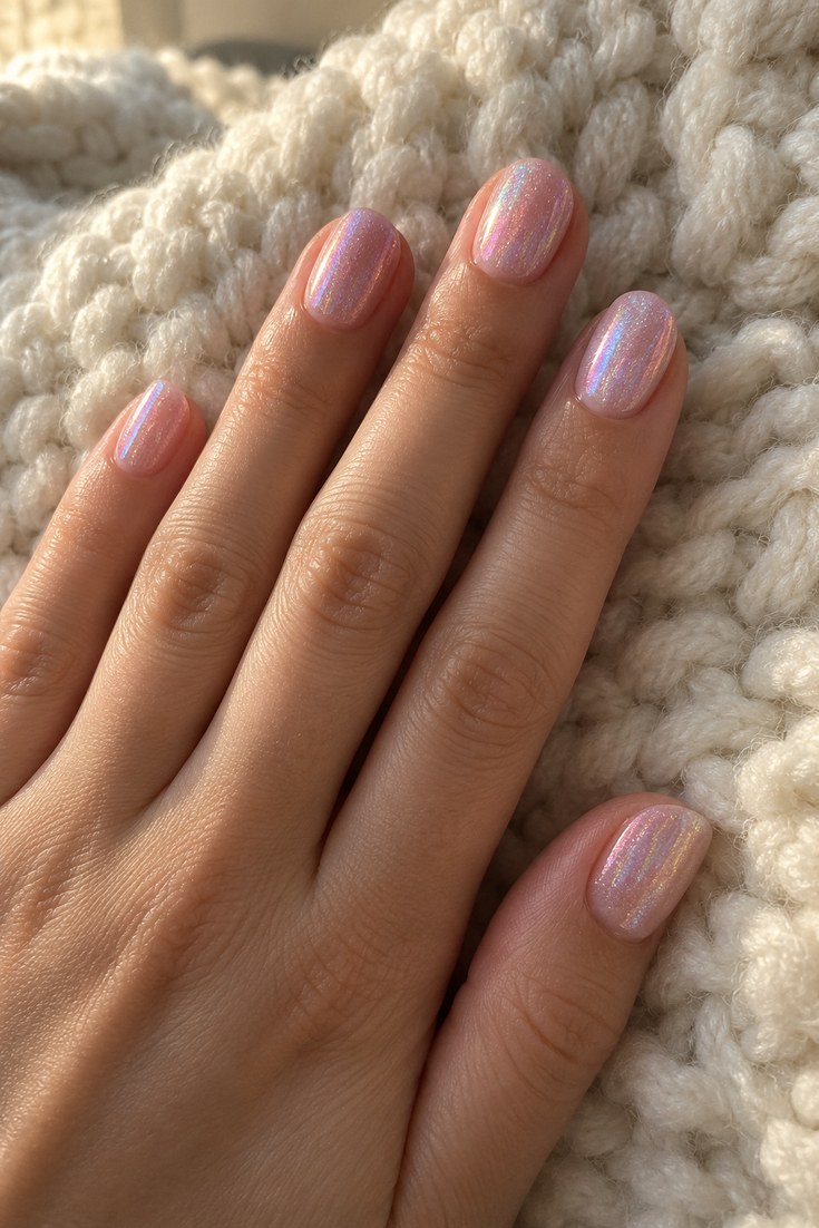 Short almond nails in milky pink with a sheer holographic shimmer on a hand resting on a cream knit blanket