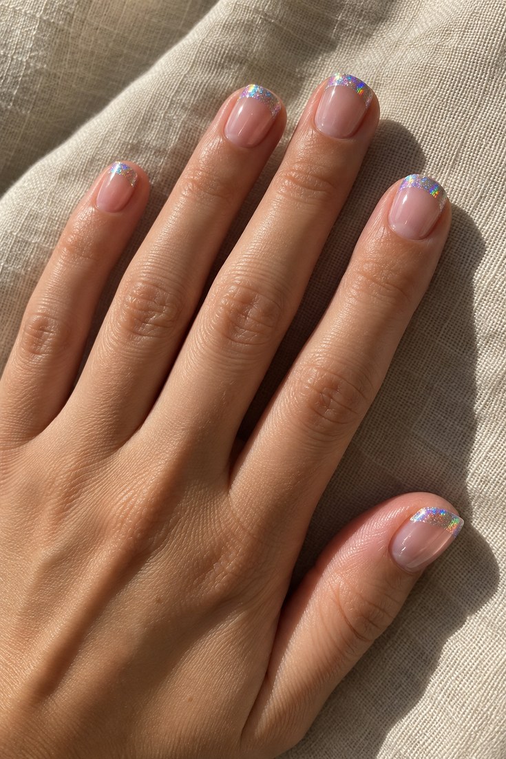 Short nails with a sheer pink base and holographic silver French tips on a hand resting on a beige linen cloth
