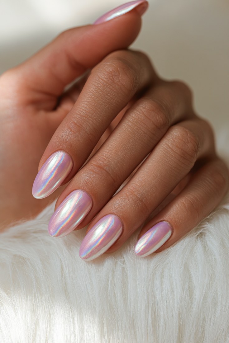 Rainbow aura nails with a soft pastel gradient on a hand resting on white faux fur