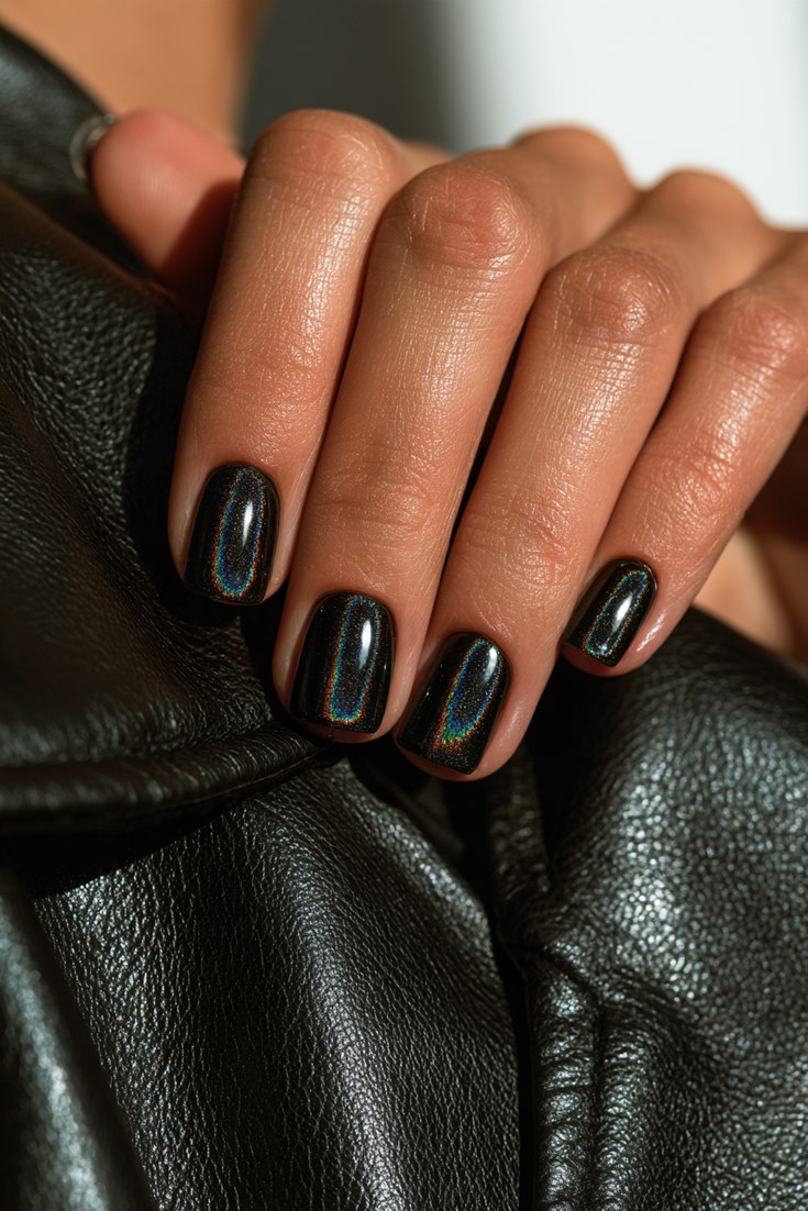 Holographic powder over black gel on short square nails on a hand resting on a dark leather jacket