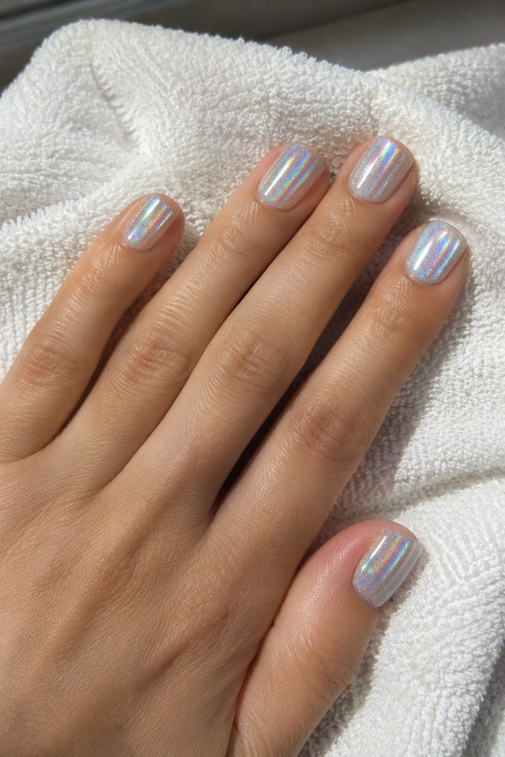 Short squoval nails in soft silver holographic polish on a hand resting on a white towel