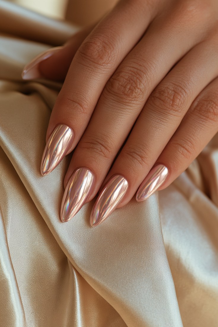Long almond holographic nails with a soft pink rainbow shine on a hand resting on a silk scarf
