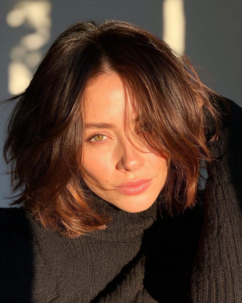 Woman with a hot chocolate brown bob with warm caramel highlights in a black turtleneck
