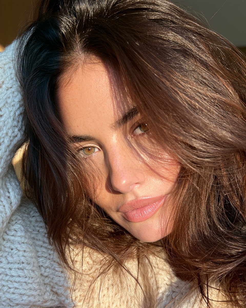 Woman with rich hot cocoa brown soft waves wearing a cream knit sweater