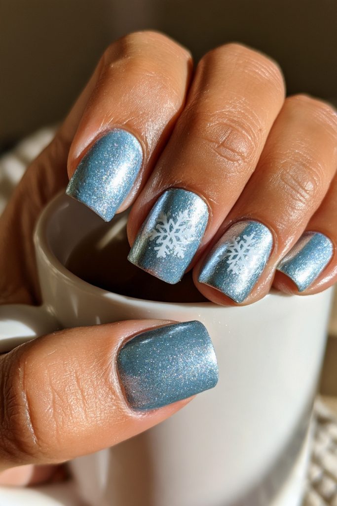 Close-up of a hand with icy light blue shimmer nails and white snowflake accents holding a white mug