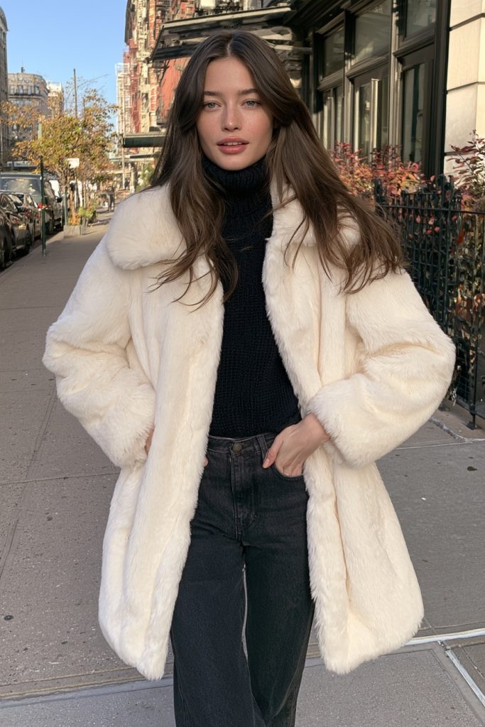 Woman in a fluffy ivory faux fur coat over a black turtleneck and dark jeans on a city sidewalk