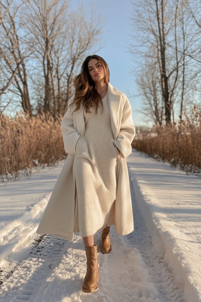 Woman in a long ivory wool coat over a cream knit dress and tan boots on a snowy path