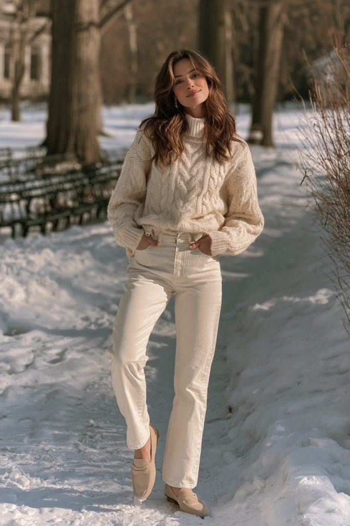Woman in an ivory sweater with white straight jeans and beige loafers in a snowy park