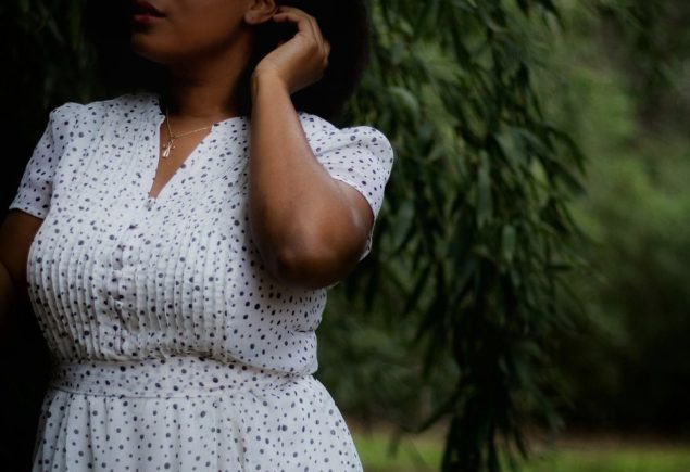 Black and white polka dot dress outfit idea