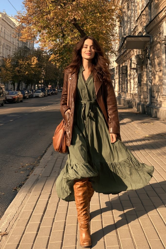 Woman in tan knee high boots with a green midi dress and a brown leather jacket on a quiet autumn street
