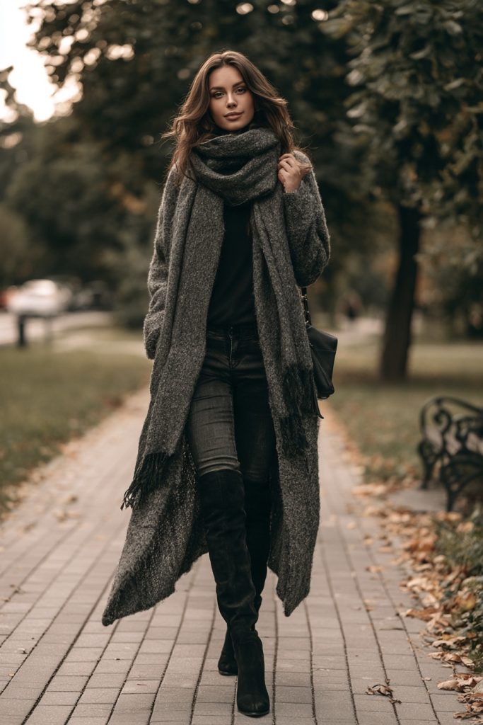 Woman in black knee high boots with dark jeans a long gray cardigan and a gray scarf on a park path