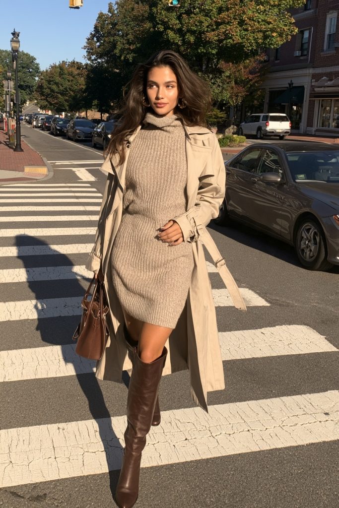 Woman in dark brown knee high boots with an oatmeal sweater dress and a beige trench coat crossing a street