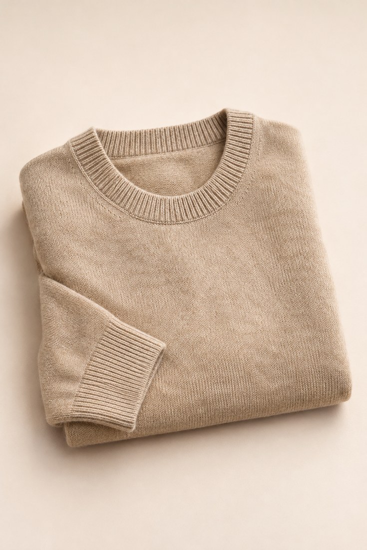 Folded oatmeal cashmere crewneck sweater with ribbed neckline and cuffs on a soft cream backdrop