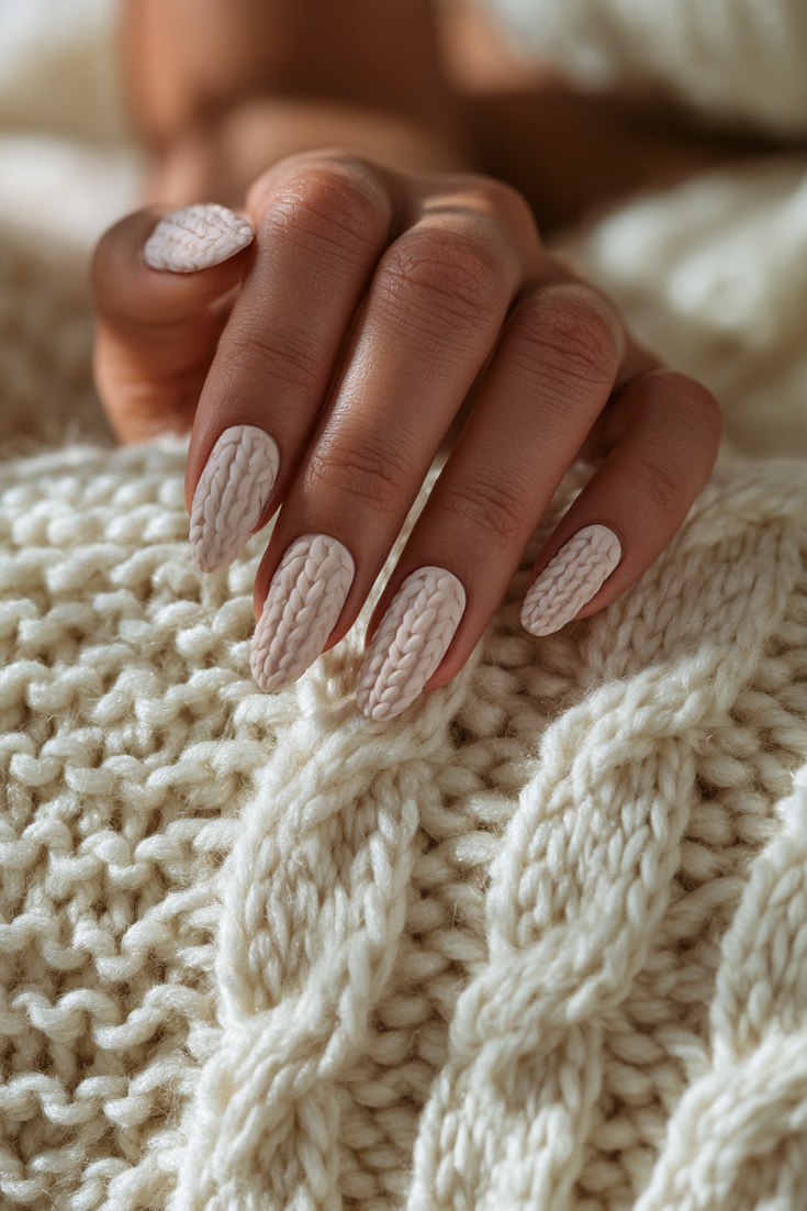 Cream chunky cable knit sweater nails with raised 3D braids on a hand resting on a cream wool blanket