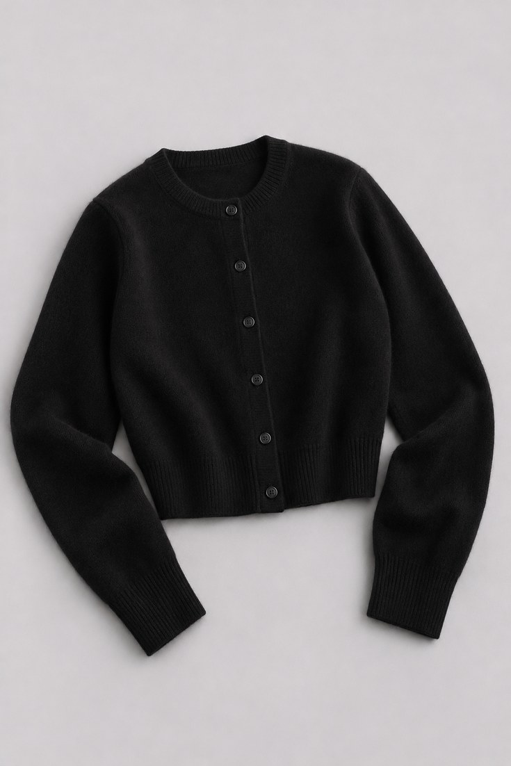 Black cropped cashmere cardigan with buttons laid flat on a soft light grey backdrop