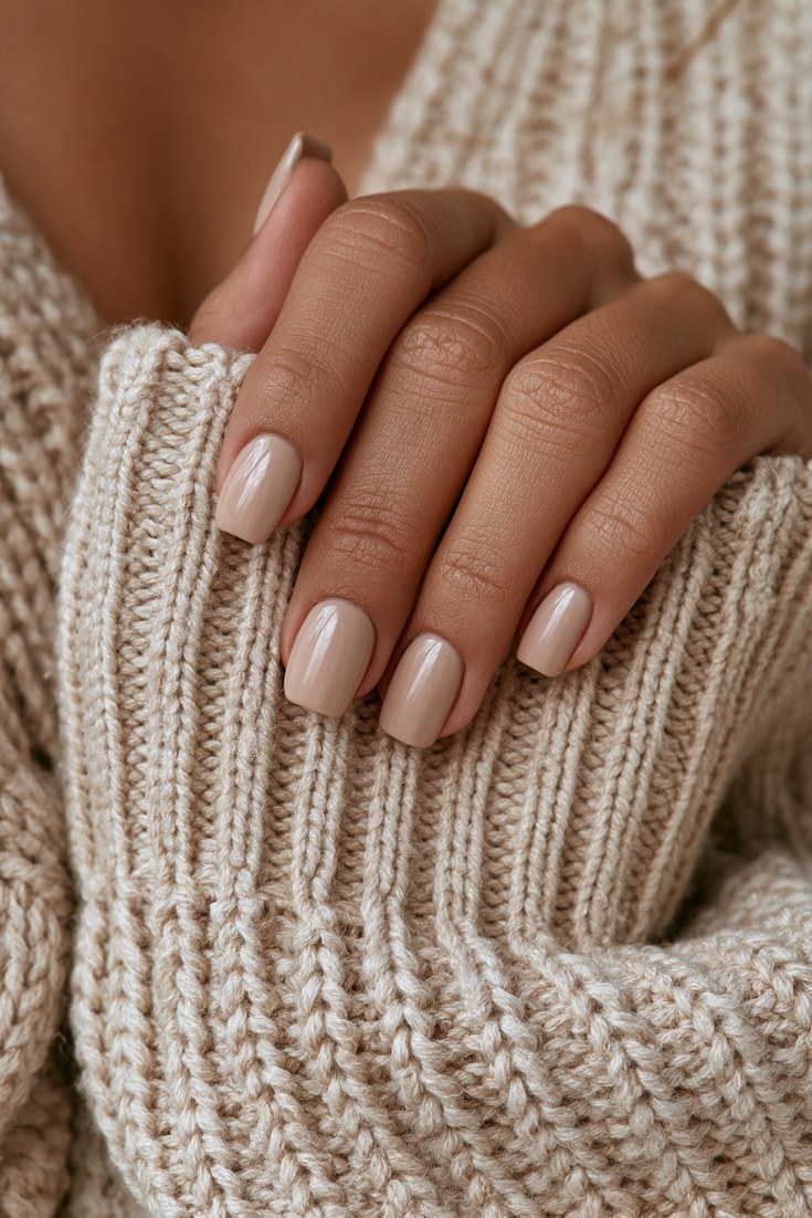 Oatmeal beige nails with fine raised vertical ribbing on a hand resting on a ribbed knit sweater