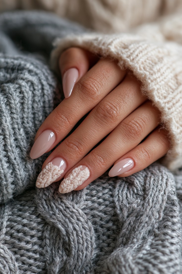 Milky pink nails with cream cable knit textured tips on a hand resting on a soft grey knit