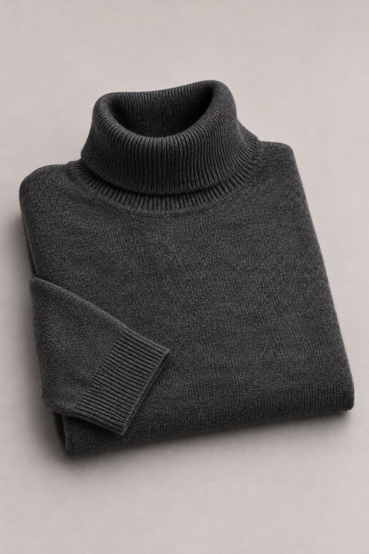 Charcoal grey fine knit merino turtleneck sweater folded on a pale stone backdrop