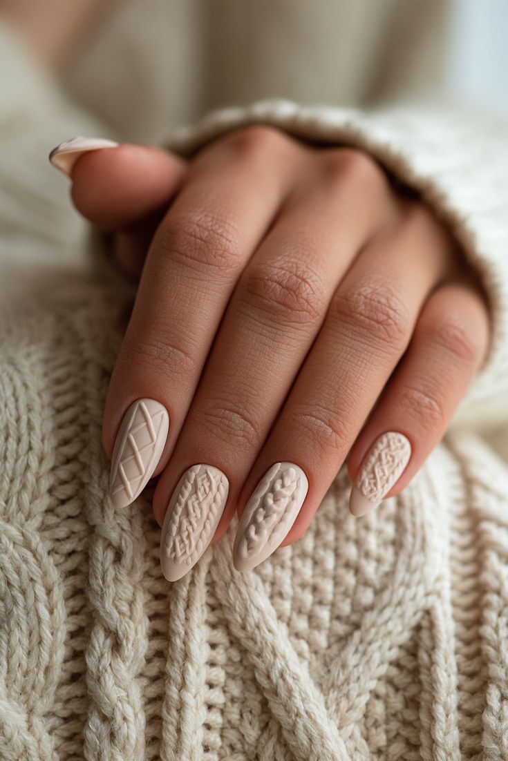 Ivory aran stitch sweater nails with a different knit pattern on each nail on a cream fisherman sweater