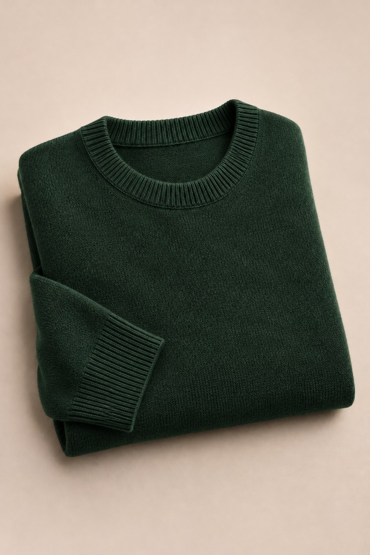 Forest green merino wool crewneck sweater folded with smooth fine knit on a soft sand backdrop