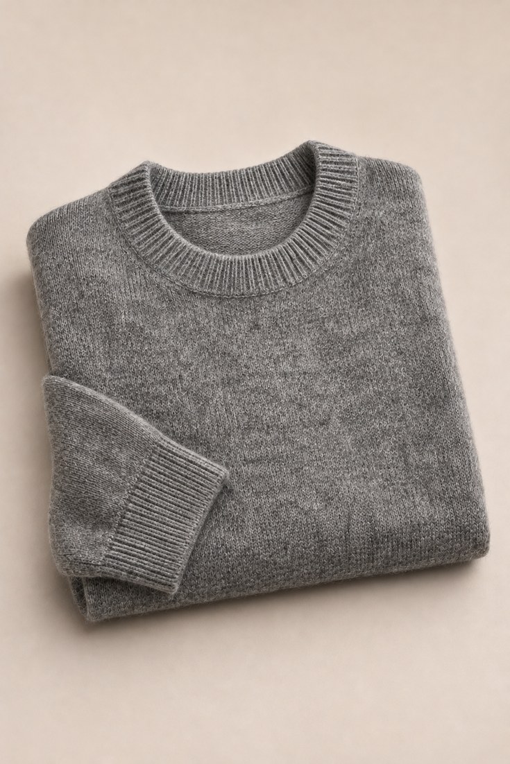 Heather grey lambswool crewneck sweater with a slightly brushed texture on a pale oatmeal backdrop