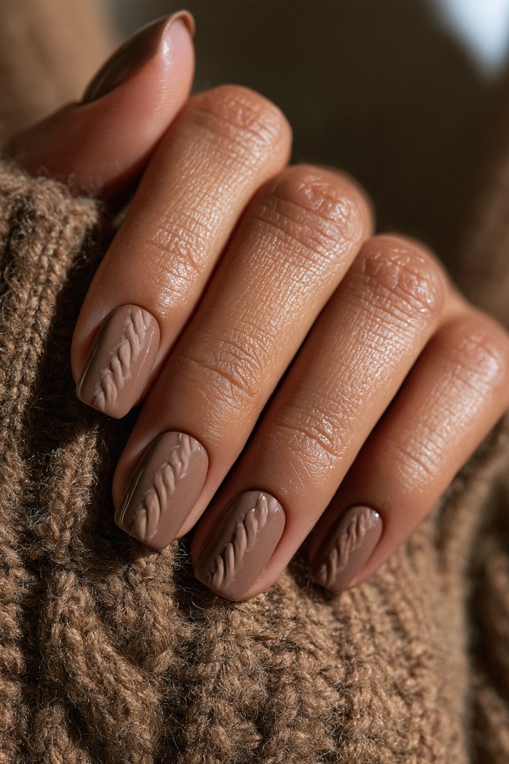 Latte brown nails with lighter oat cable knit braids on a hand resting on brown wool fabric