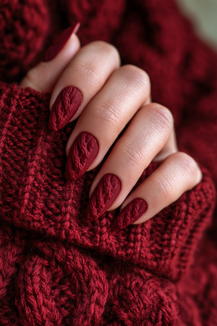 Matte burgundy knit sweater nails with tone on tone raised texture on a hand resting on a dark red knit