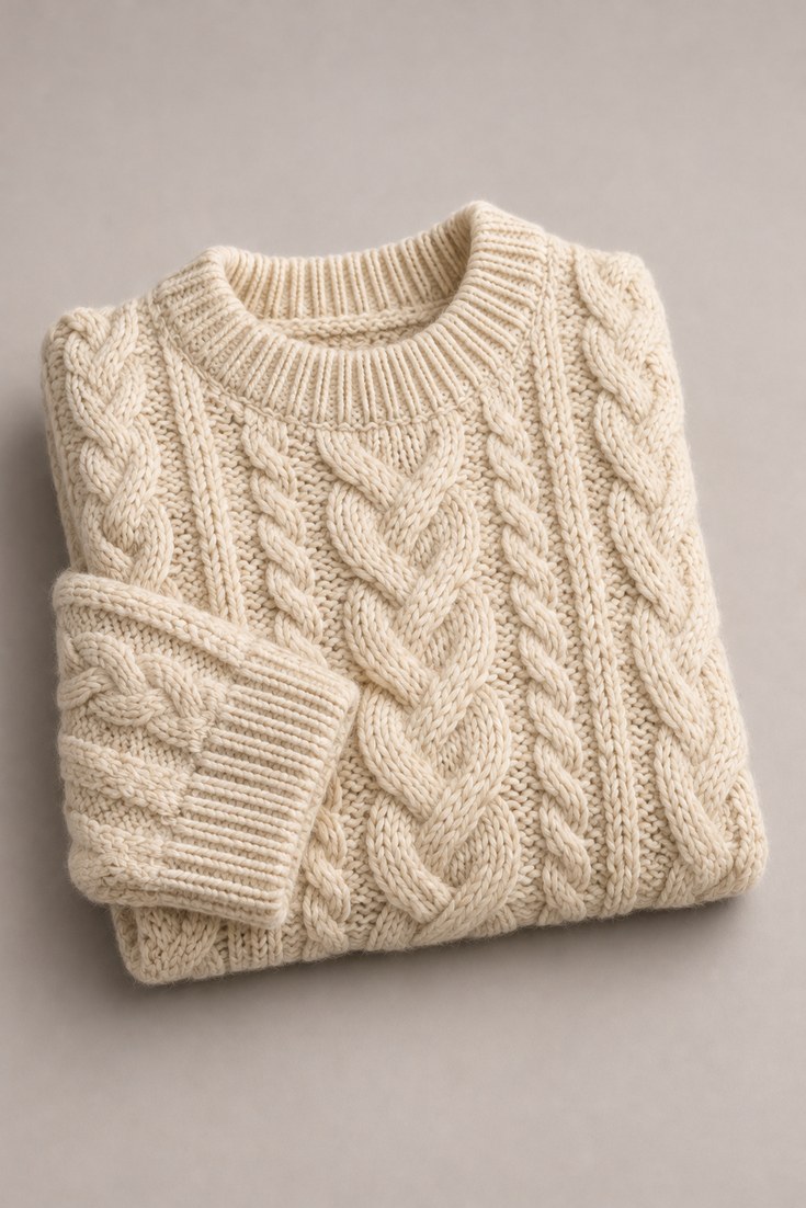 Ecru chunky wool cable knit fisherman sweater folded on a soft warm grey backdrop