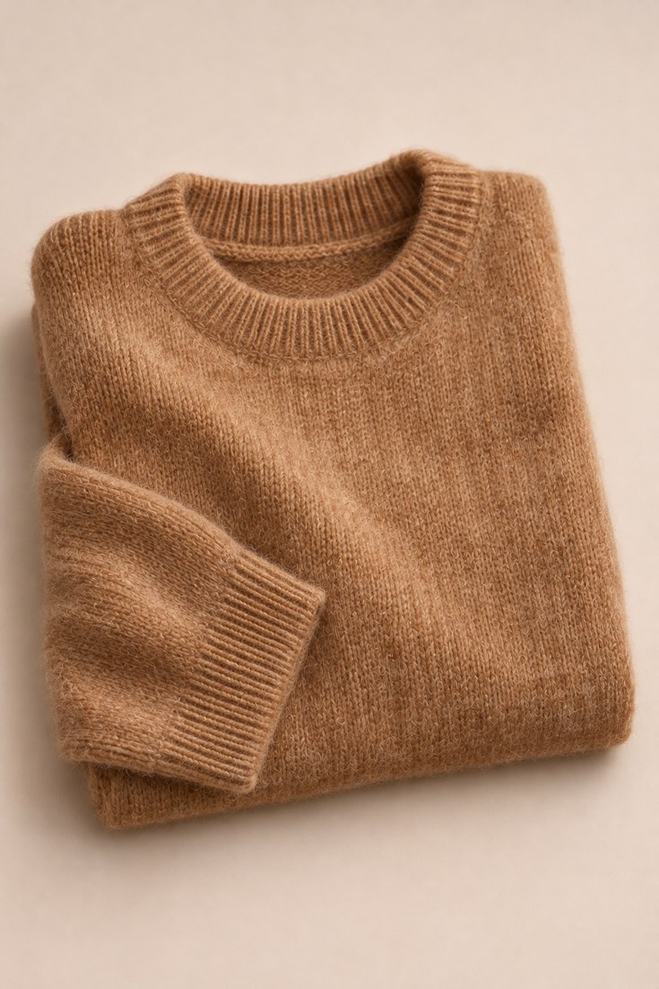 Camel baby alpaca blend oversized crewneck sweater with a soft fuzzy halo on a pale beige backdrop