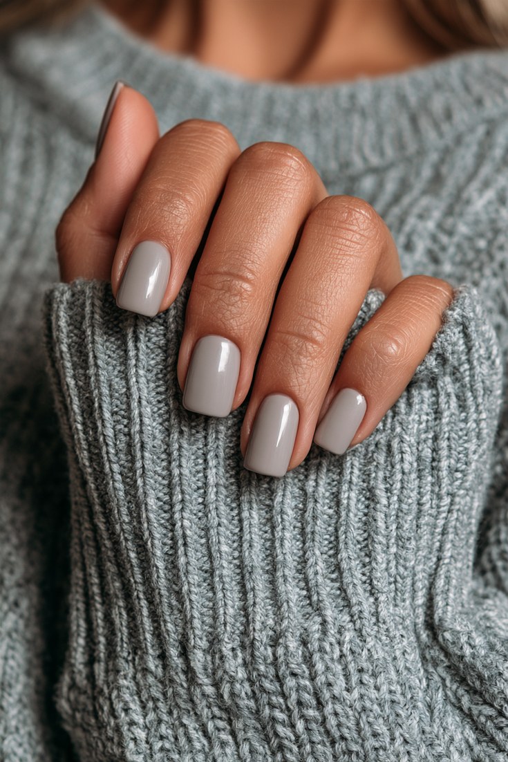 Heather grey sweater nails with fine raised ribbing on a hand resting on a grey crewneck sweater