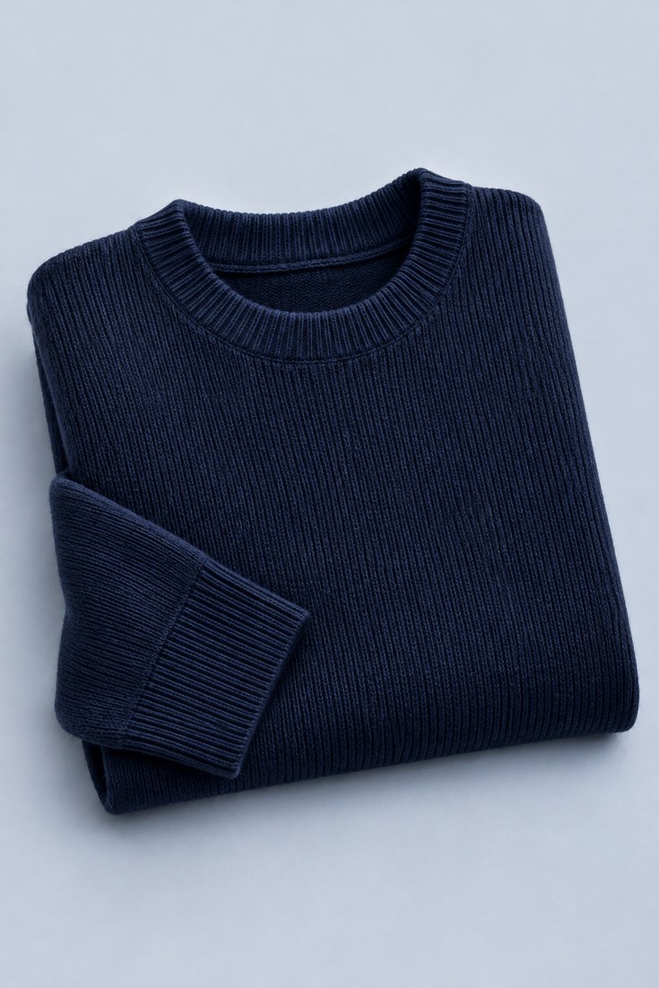 Soft navy cotton and wool blend crewneck sweater with a light ribbed knit folded on a pale blue grey backdrop