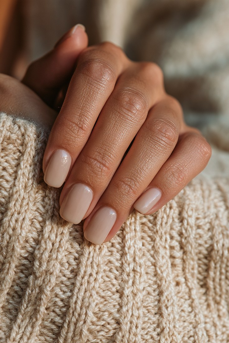Short natural length cream ribbed sweater nails on a hand resting on an oat knit